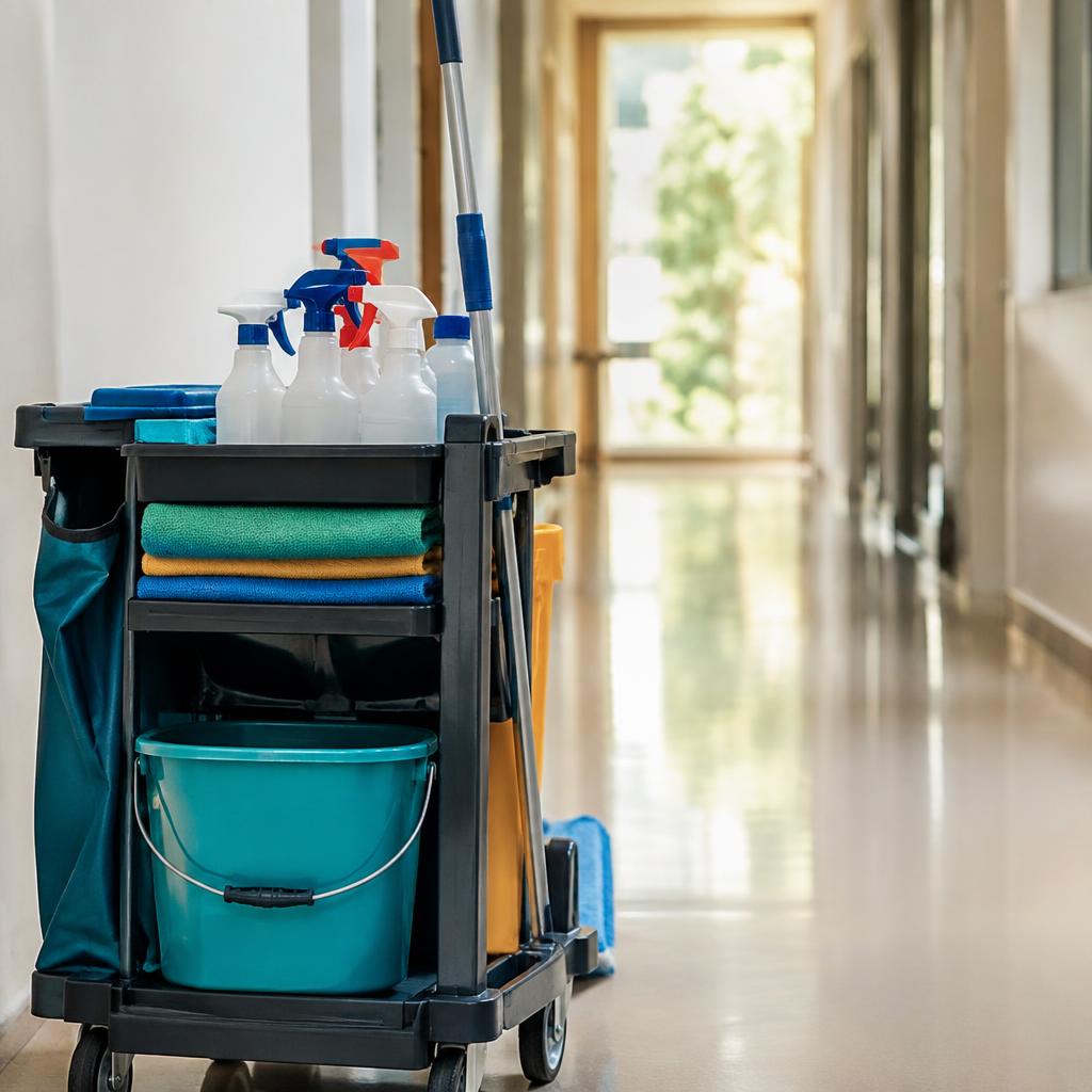 Cleaning supplies and equipment ready for a job